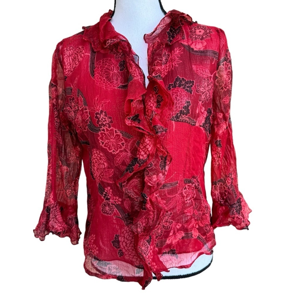 Richard Malcolm Red Floral Ruffle Silk Blouse Size Small